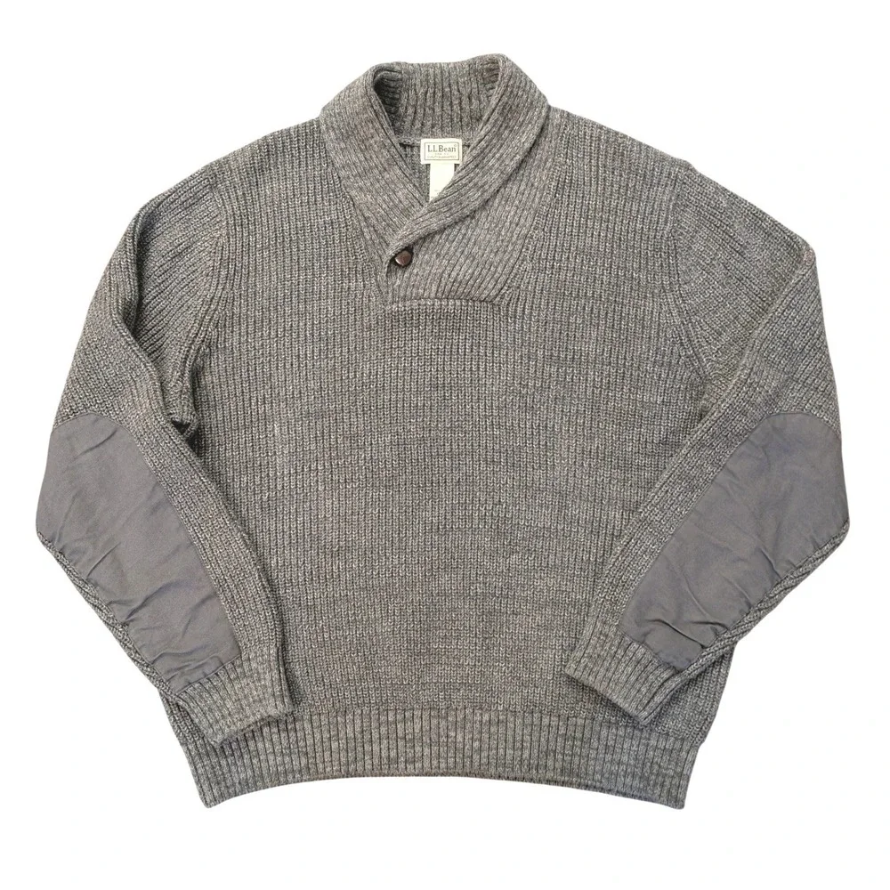 LL Bean Mens XL Shawl Collar Sweater Gray Cotton Elbow Patch Cabincore Heritage